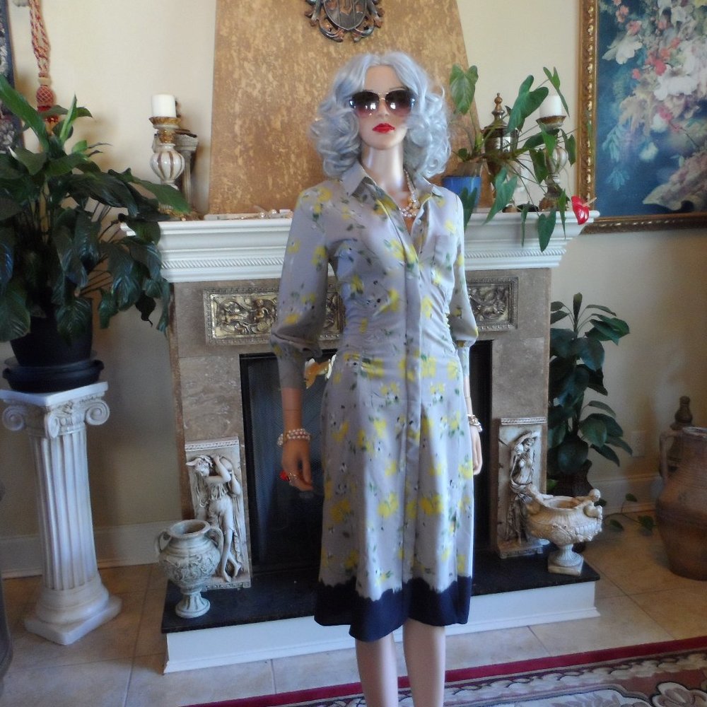 Altuzarra 100% Silk Crepe de Chine Beige Floral Print Ruched Shirt Dress Size 34